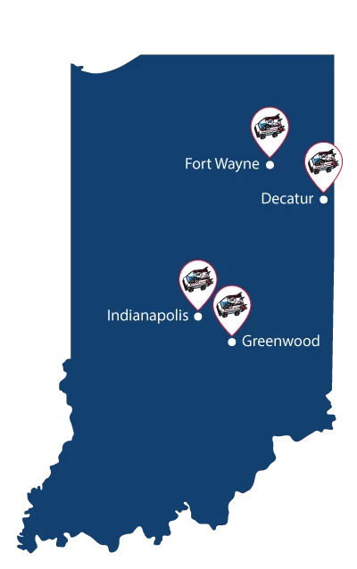 A map of Indiana indicating service in Fort Wayne, Decatur, Indianapolis, and Greenwood
