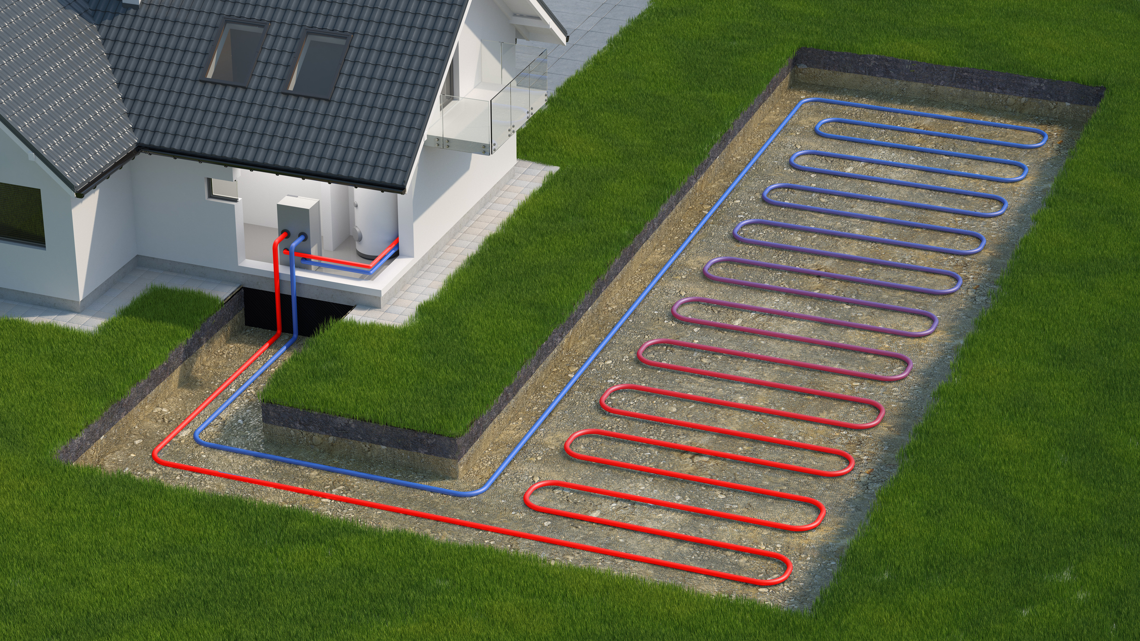 Graphic of geothermal heating system with house and yard