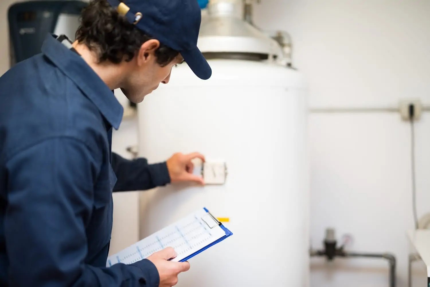 Technician checking a home’s water heater during a service appointment