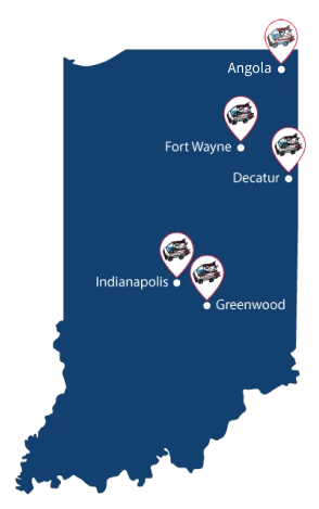 A map of Indiana indicating service in Fort Wayne, Decatur, Indianapolis, and Greenwood