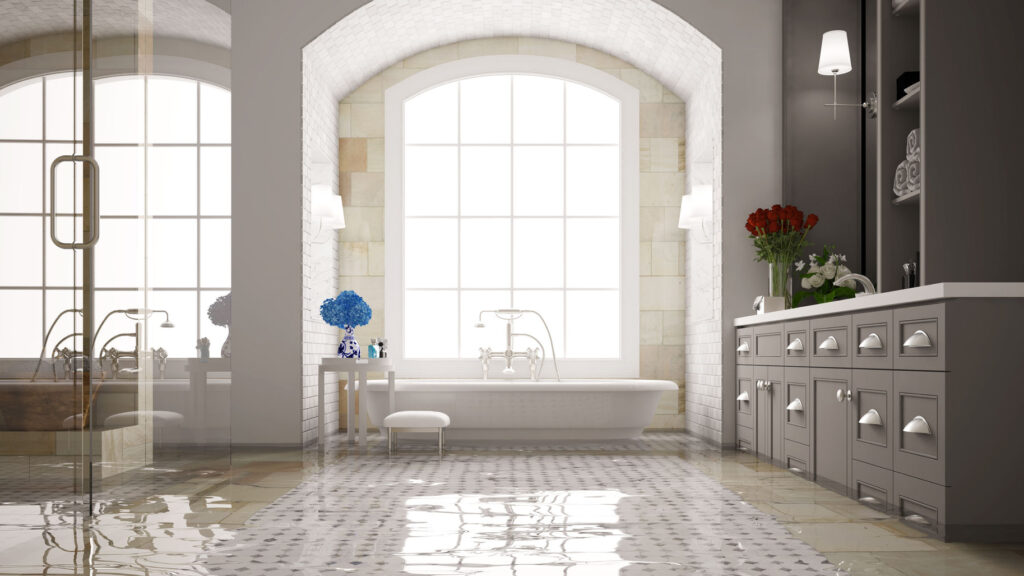 Flooded bathroom from plumbing clog