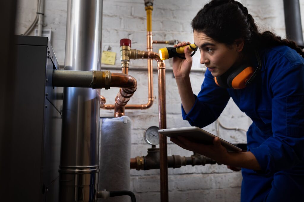 HVAC technician using a flashlight to look at a gas boiler
